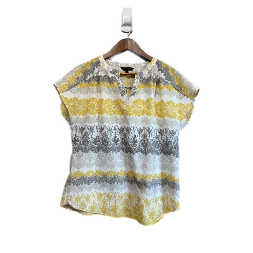 Banana Republic Blouse Womens M Yellow Grey Medallion Print Cap Sleeve Excellent